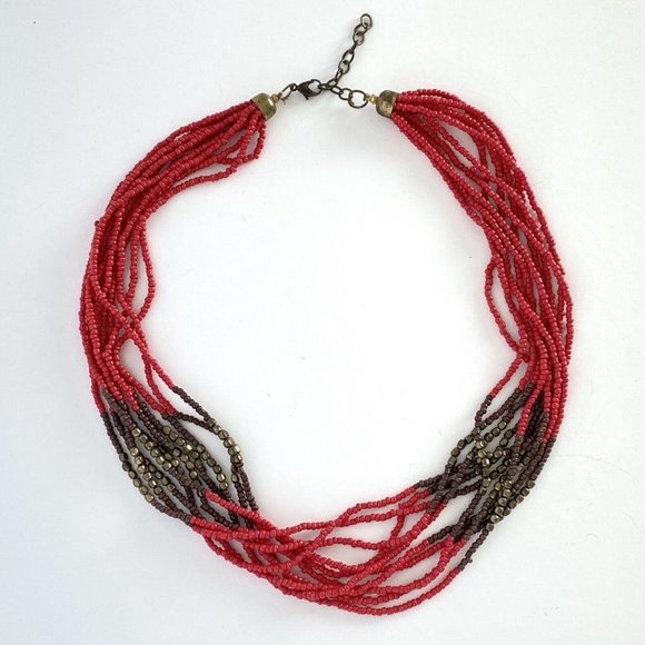 Multi-Strand Bohemian Beaded Red Brown Gold Tone Adjustable Length Necklace - Picture 2 of 6